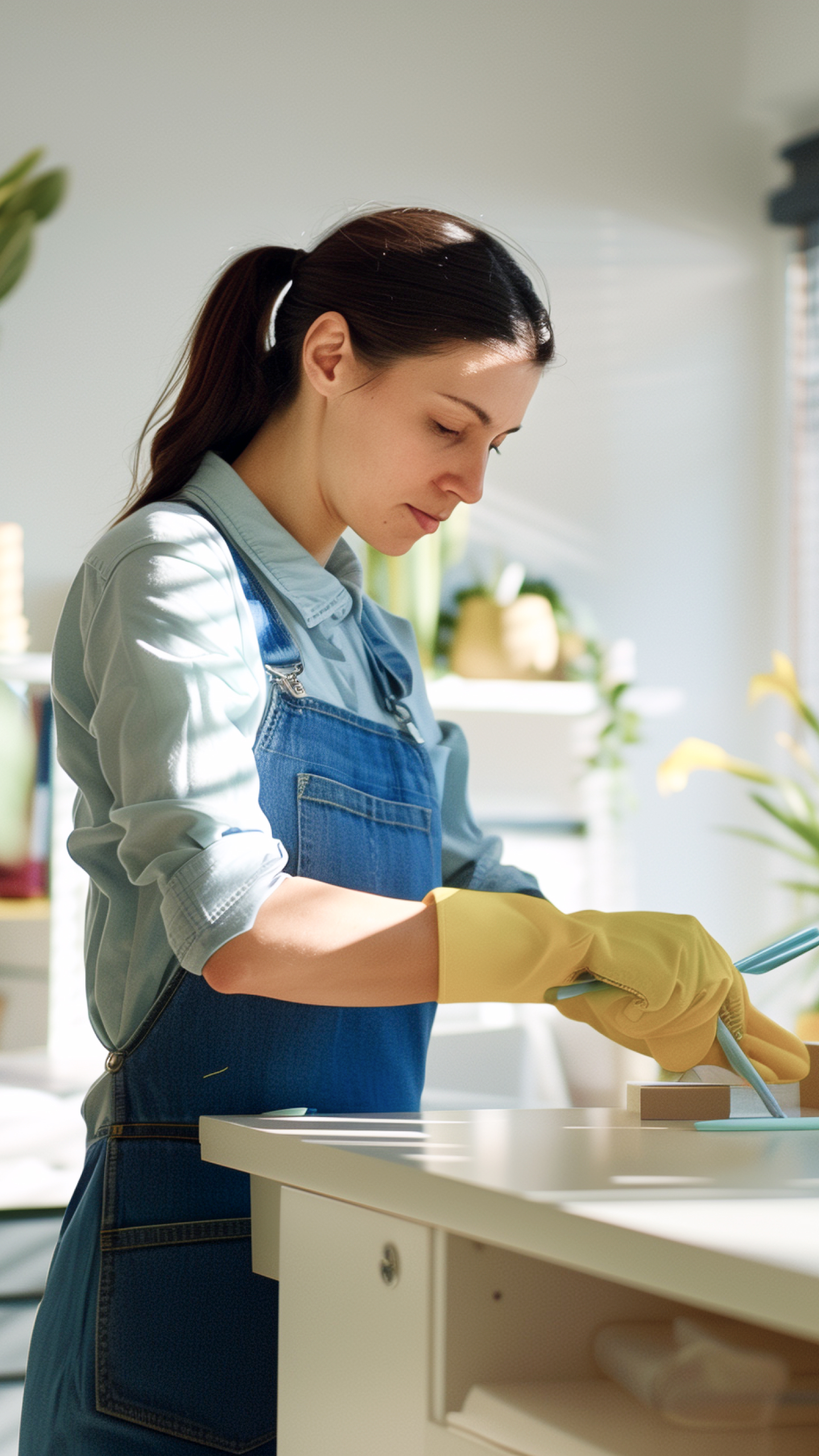 A woman wearing a light blue shirt and yellow rubber gloves is cleaning a countertop in a bright, well-lit room filled with plants.